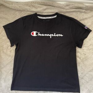 Champion Women’s Tee in Black with Red and White Logo